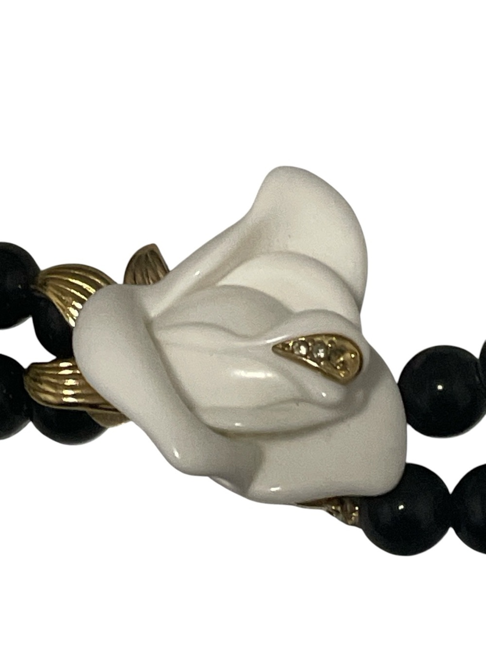 KJL For Avon Necklace Kenneth Jay Lane Enamel White Rose Flower Black Beads